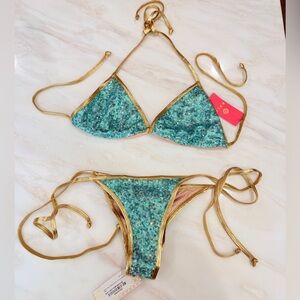 Dollcake Teal Sequin Bikini with Gold Trim